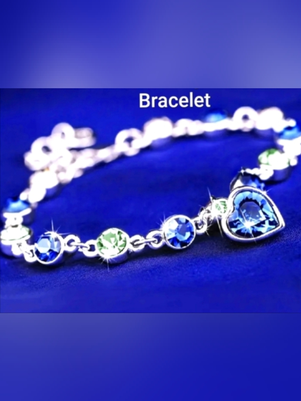 Silver Sapphires Heart Chain Bracelet & Green Crystals 8" Length